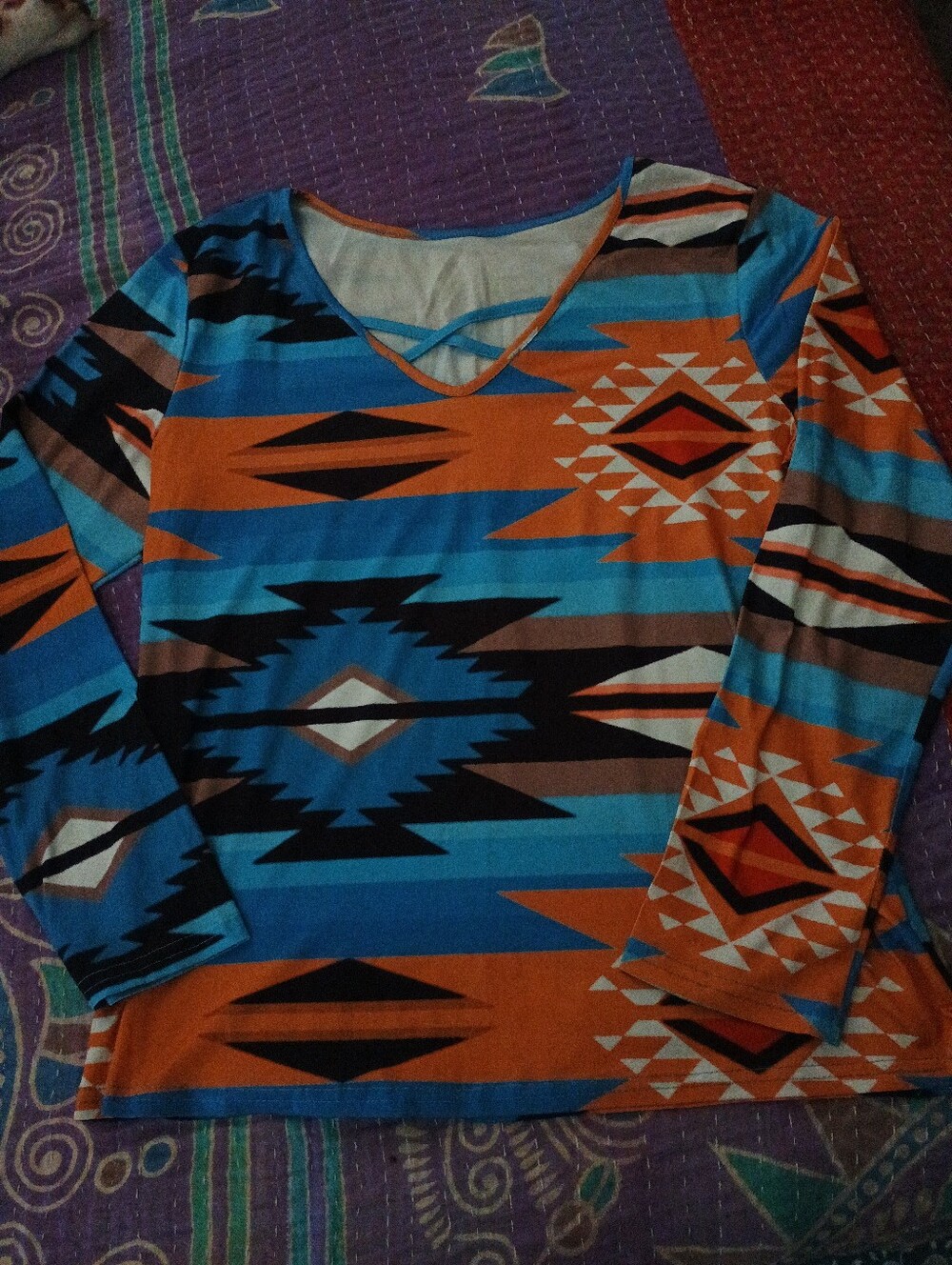 Women's Aztec Print Long Sleeve Top - Blue & Orange